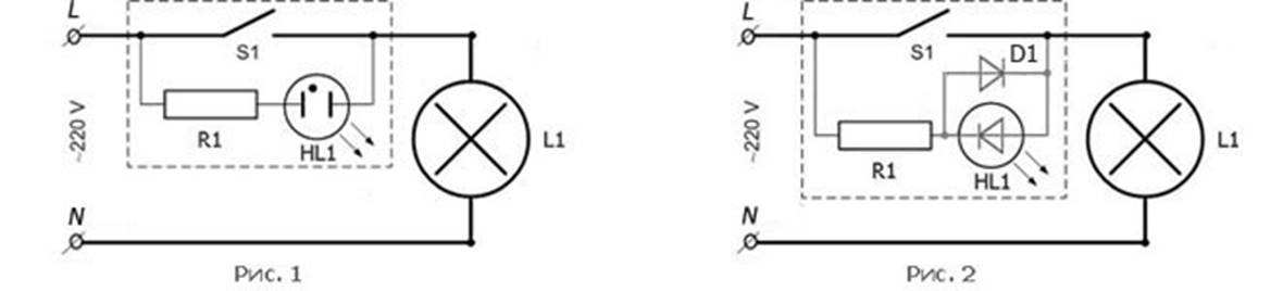 The wiring diagrams of switches with neon indicator light - in Fig. 1 and LED indicator light - in Fig. 2.