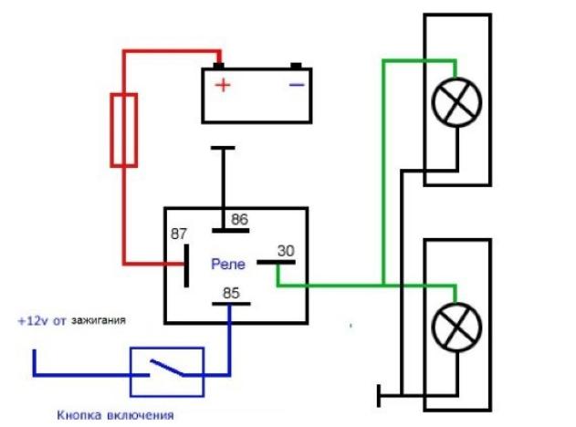 Connecting headlights through a relay