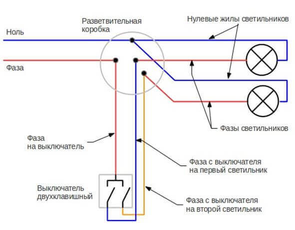 Diagram of connection of two lamps to one switch